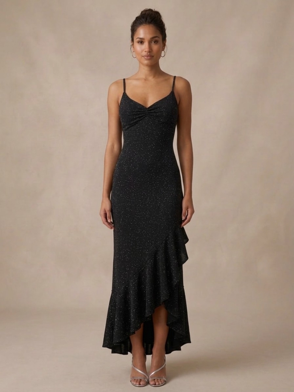 Women's Black Shimmer Asymmetrical High Low Evening Cocktail Maxi Dress Small